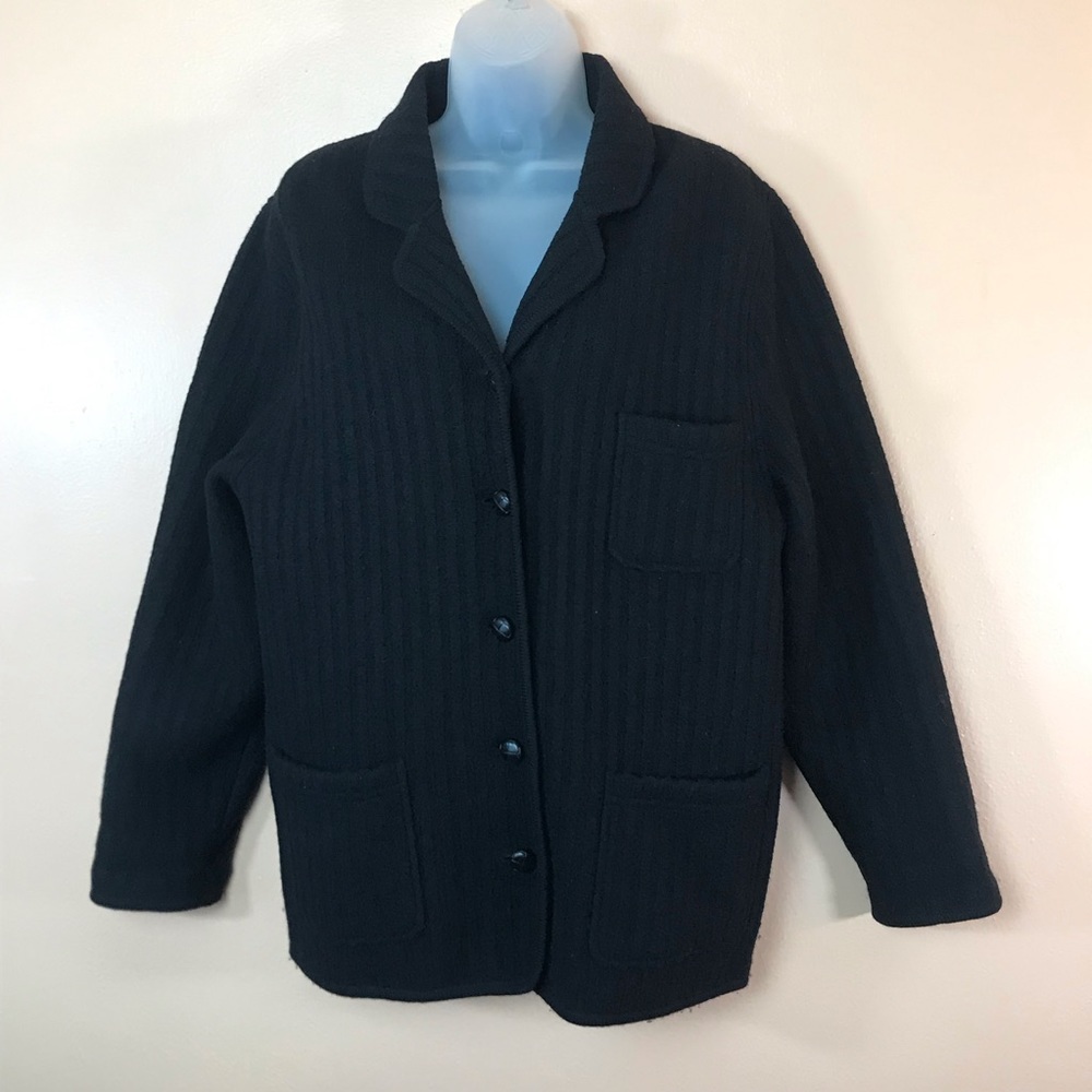 Herman Geist 100% Wool Black Button Down Cardigan Sweater Women M Vintage